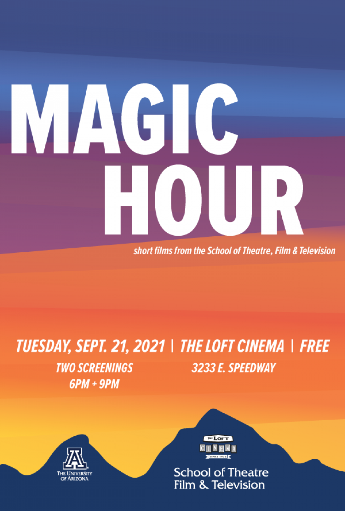 Magic Hour poster with gradient sunset colors fading down to a mountain silhouette.
